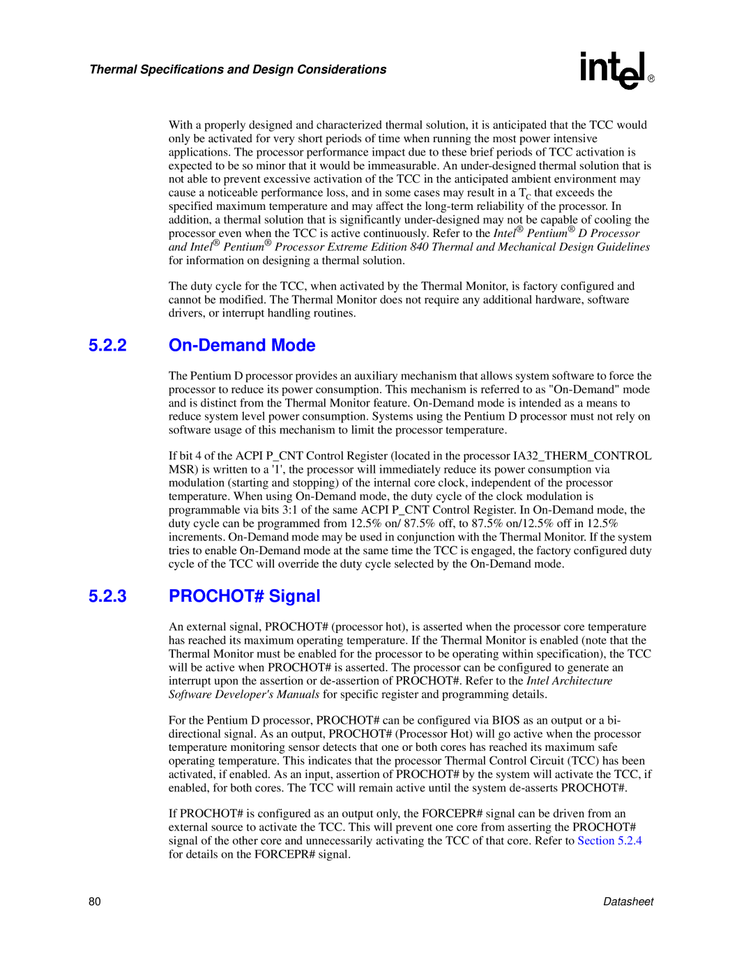 Intel 830 manual On-Demand Mode, PROCHOT# Signal 