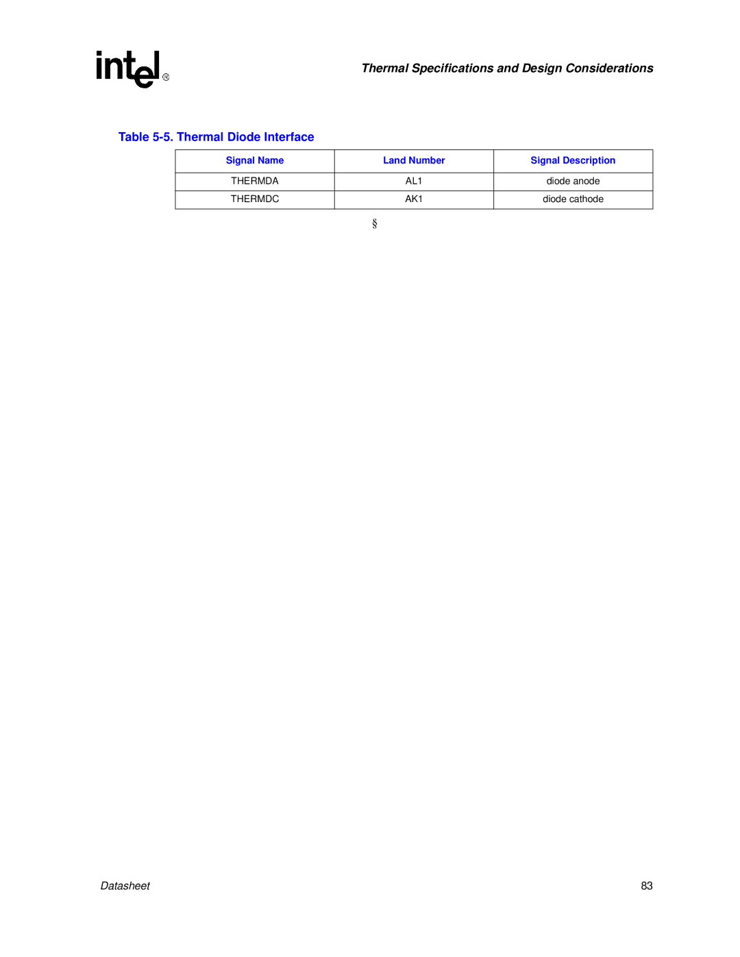 Intel 830 manual Thermal Diode Interface, Signal Name Land Number Signal Description, Diode anode 