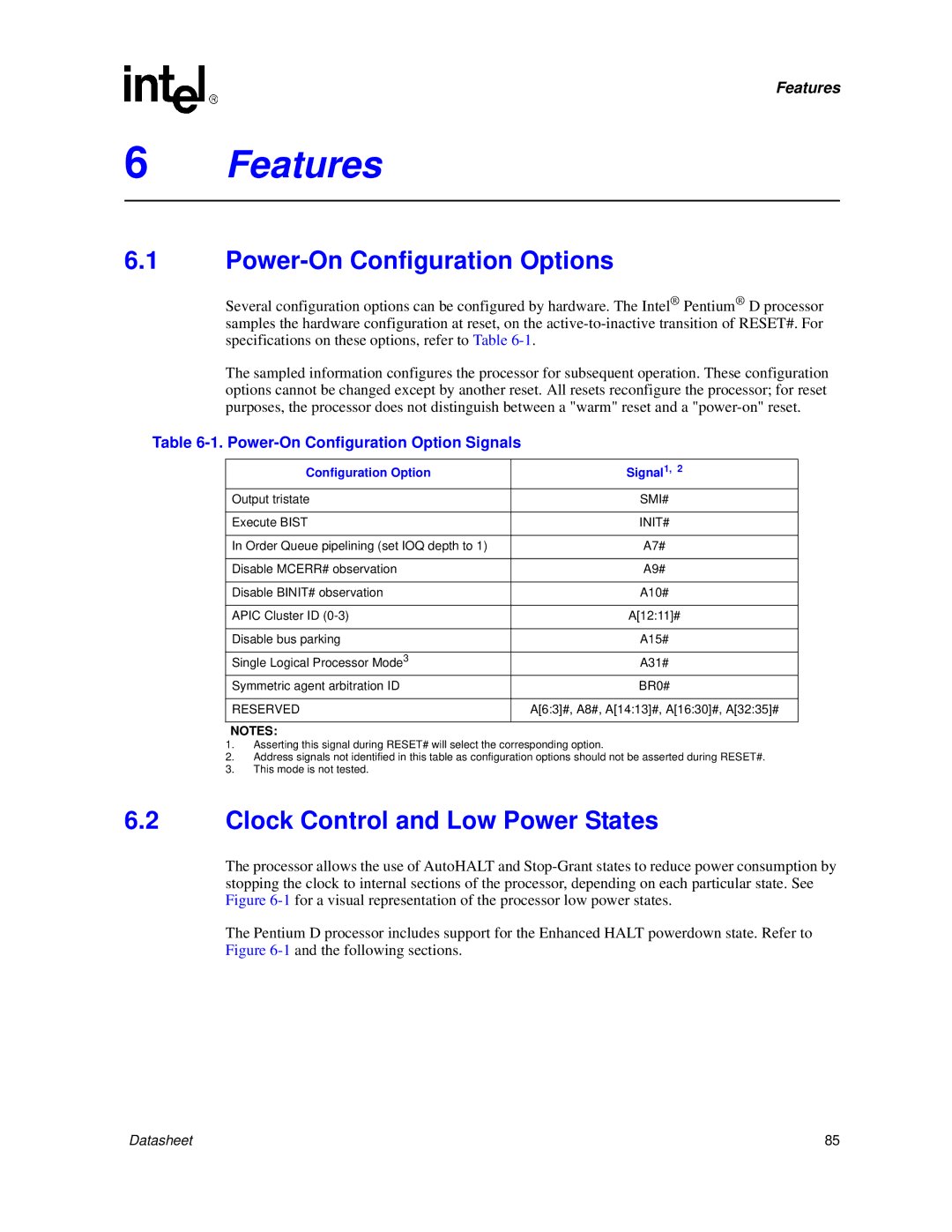 Intel 830 Features, Power-On Configuration Options, Clock Control and Low Power States, Configuration Option Signal 1 