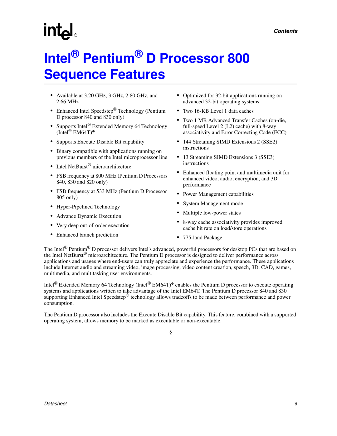 Intel 830 manual Intel Pentium D Processor 800 Sequence Features 