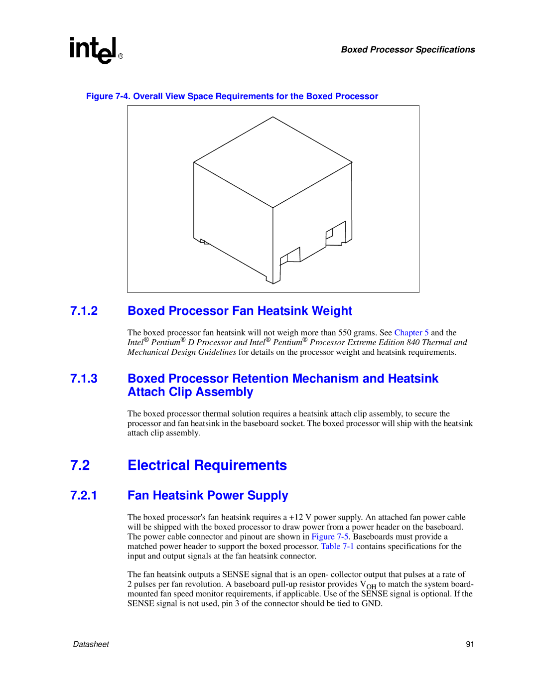 Intel 830 manual Electrical Requirements, Boxed Processor Fan Heatsink Weight, Fan Heatsink Power Supply 