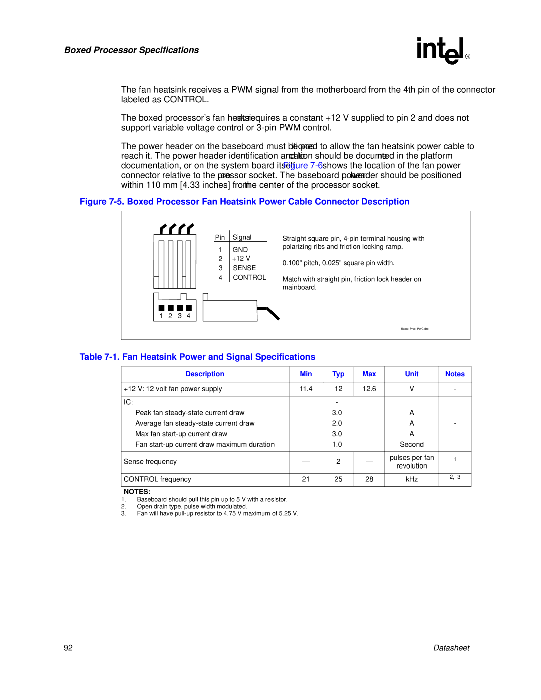 Intel 830 manual Fan Heatsink Power and Signal Specifications, Description Min Typ Max Unit, +12 V 12 volt fan power supply 