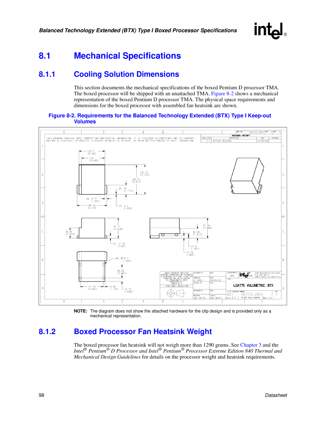 Intel 830 manual Mechanical Specifications, Cooling Solution Dimensions 