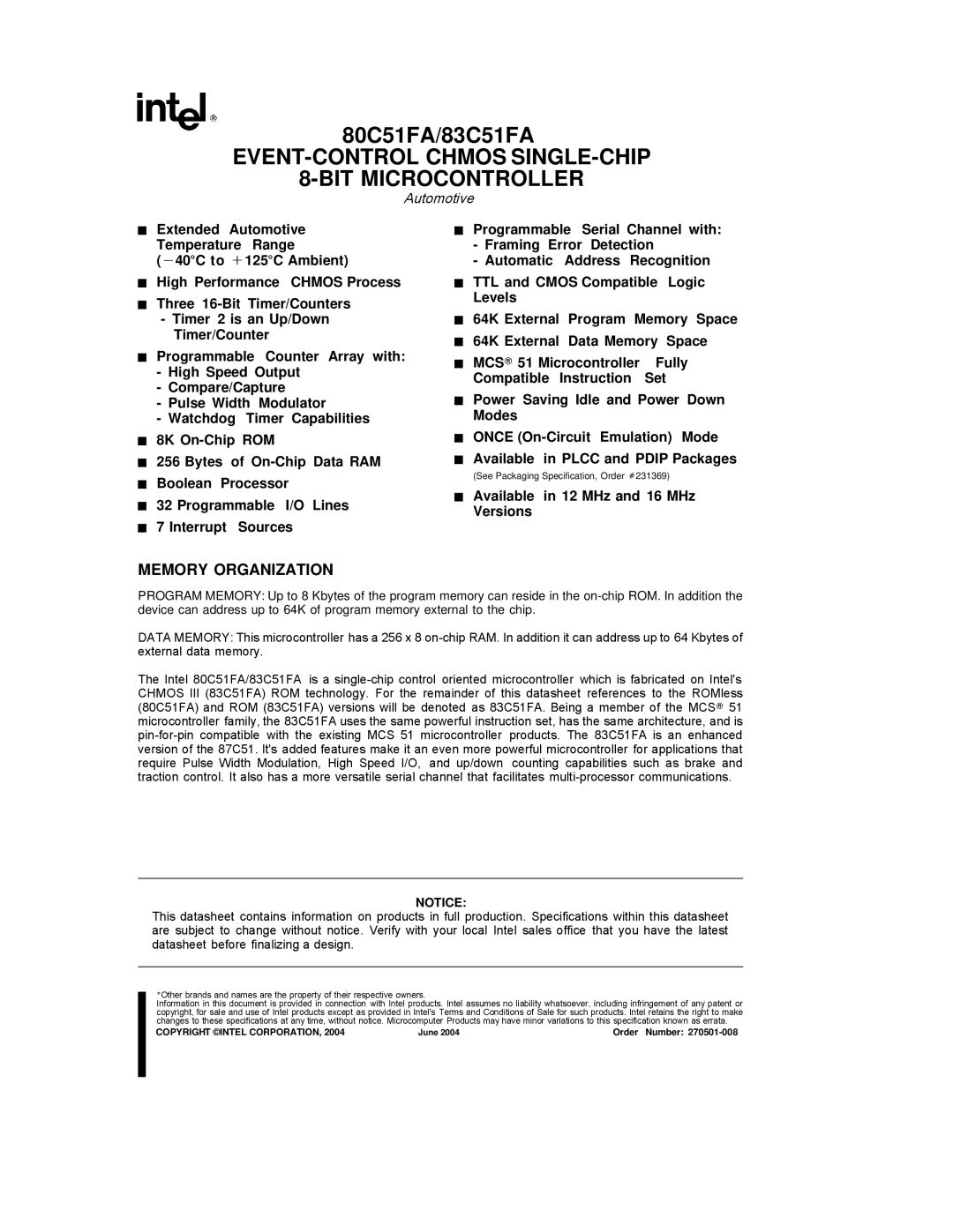 Intel 80C51FA, 83C51FA specifications EVENT-CONTROL Chmos SINGLE-CHIP BIT Microcontroller, Memory Organization 