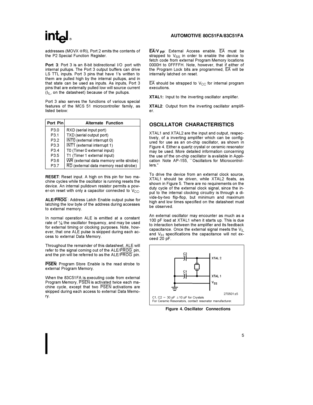 Intel 80C51FA, 83C51FA specifications Oscillator Characteristics, P3.7 RD external data memory read strobe 