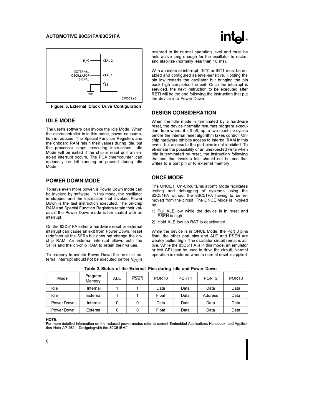 Intel 83C51FA, 80C51FA specifications Idle Mode, Design Consideration, Power Down Mode, Once Mode 