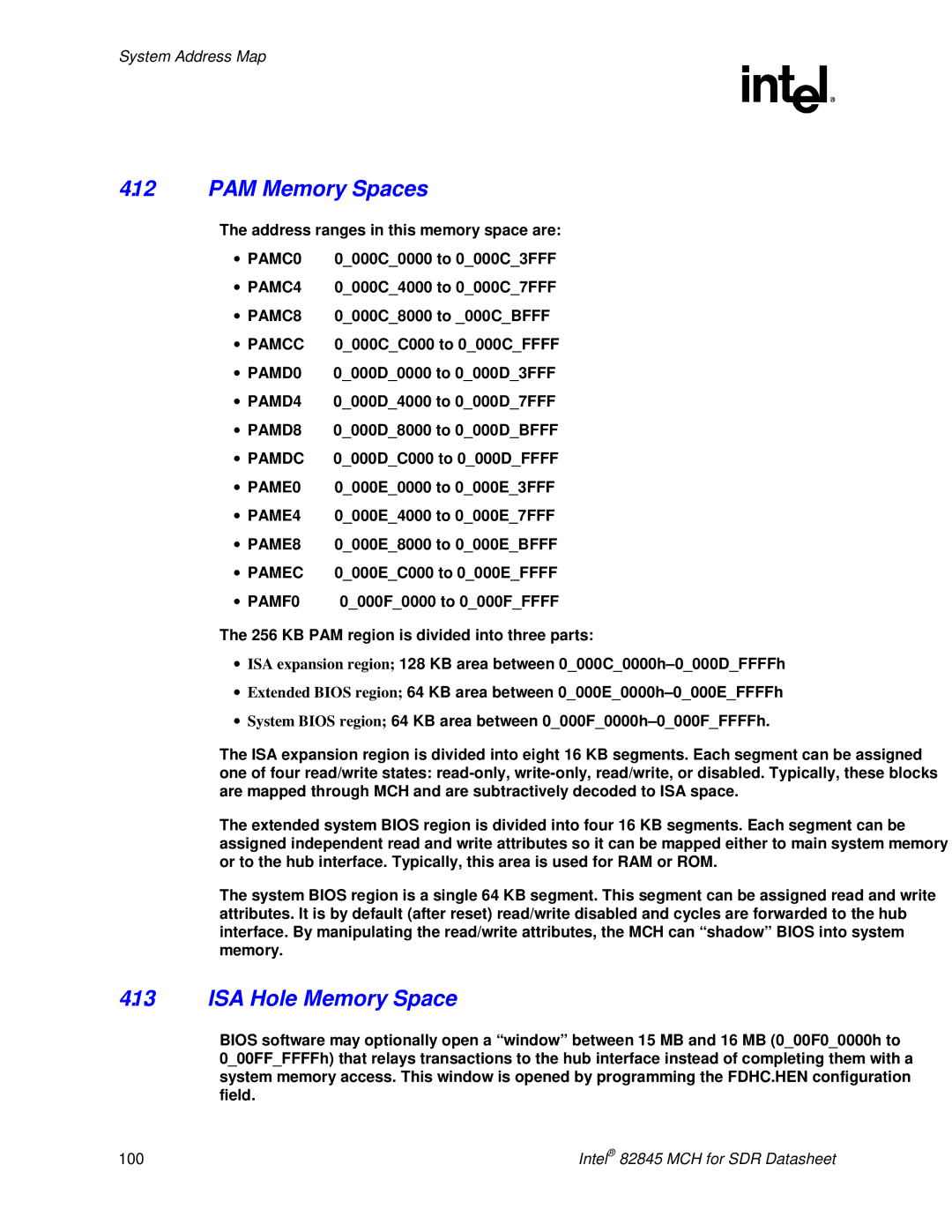 Intel 845 manual PAM Memory Spaces, ISA Hole Memory Space 