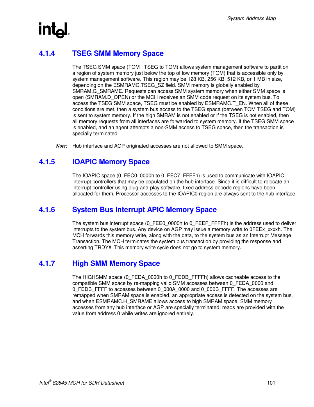 Intel 845 manual Tseg SMM Memory Space, Ioapic Memory Space, System Bus Interrupt Apic Memory Space, High SMM Memory Space 