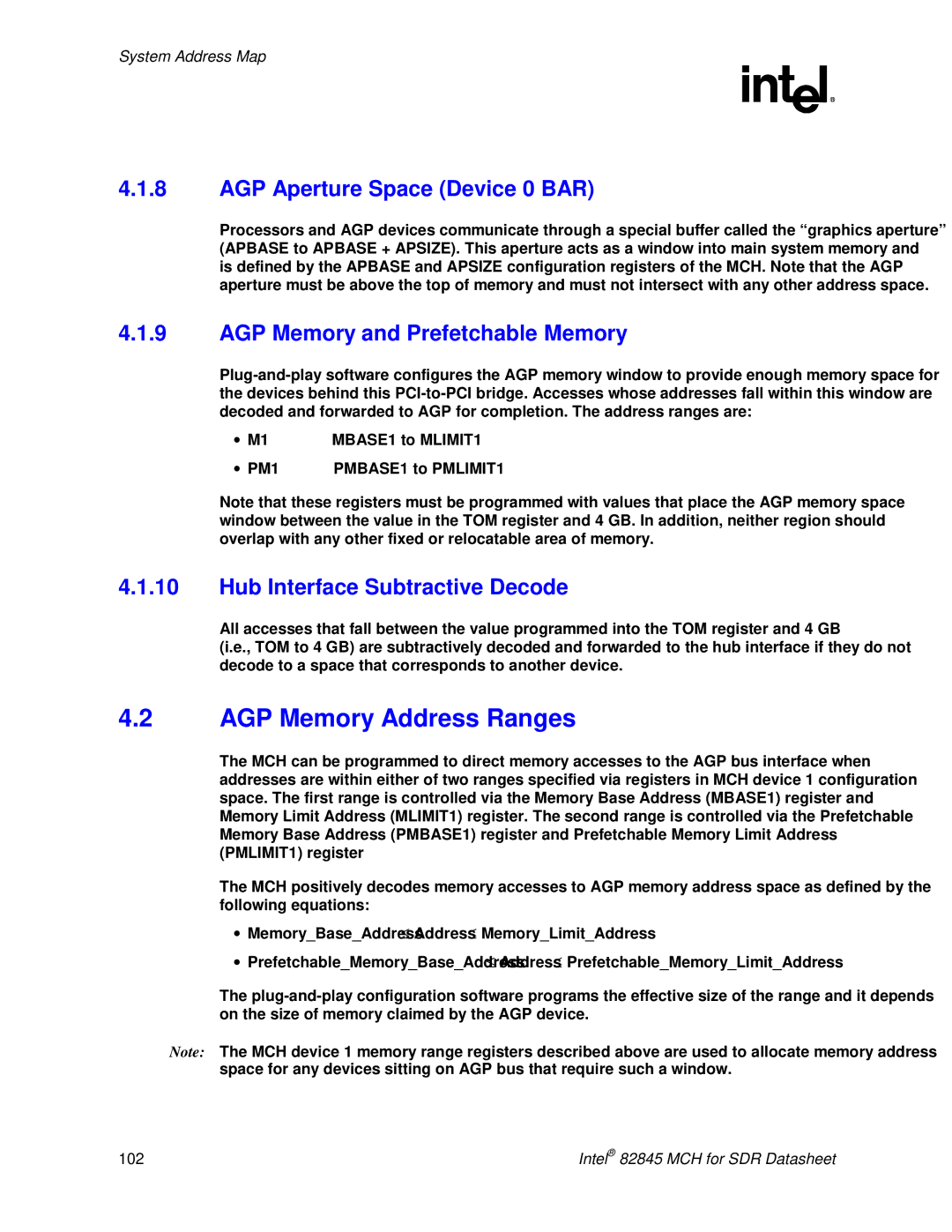 Intel 845 manual AGP Memory Address Ranges, AGP Aperture Space Device 0 BAR, AGP Memory and Prefetchable Memory 