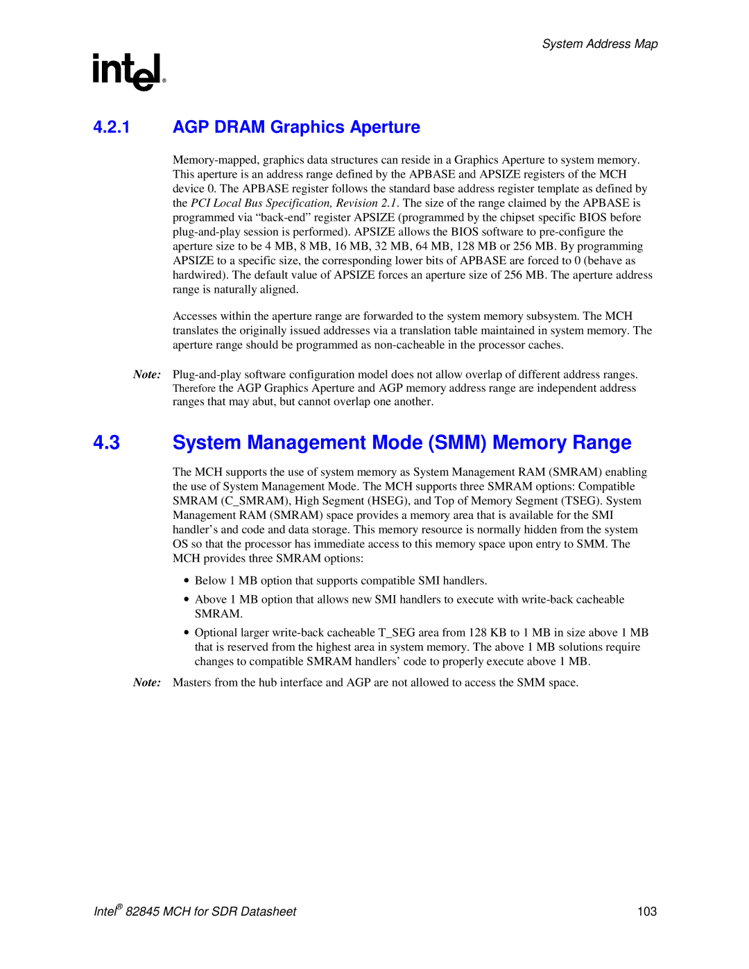 Intel 845 manual System Management Mode SMM Memory Range, AGP Dram Graphics Aperture 