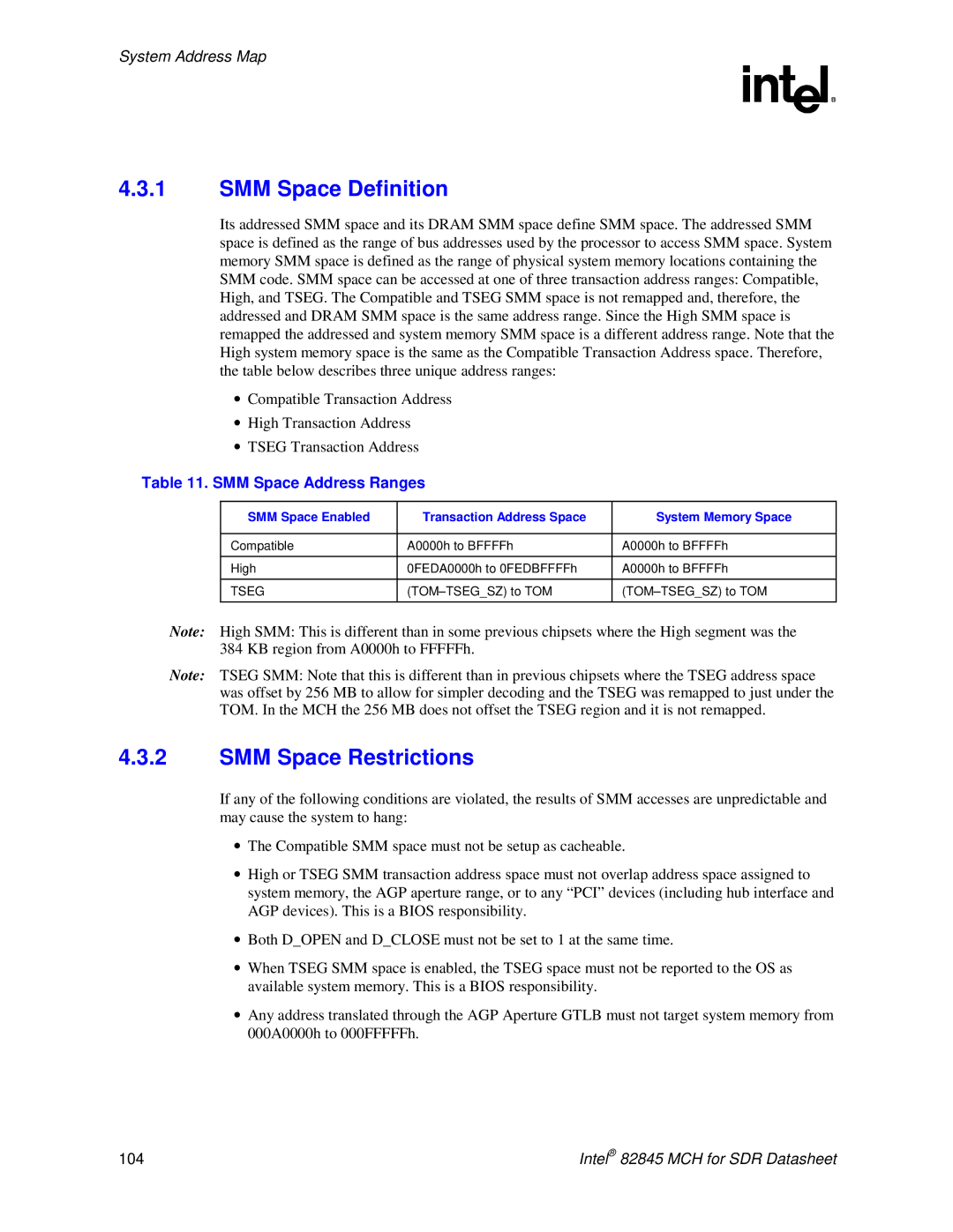 Intel 845 manual SMM Space Definition, SMM Space Restrictions, SMM Space Address Ranges, Tseg 