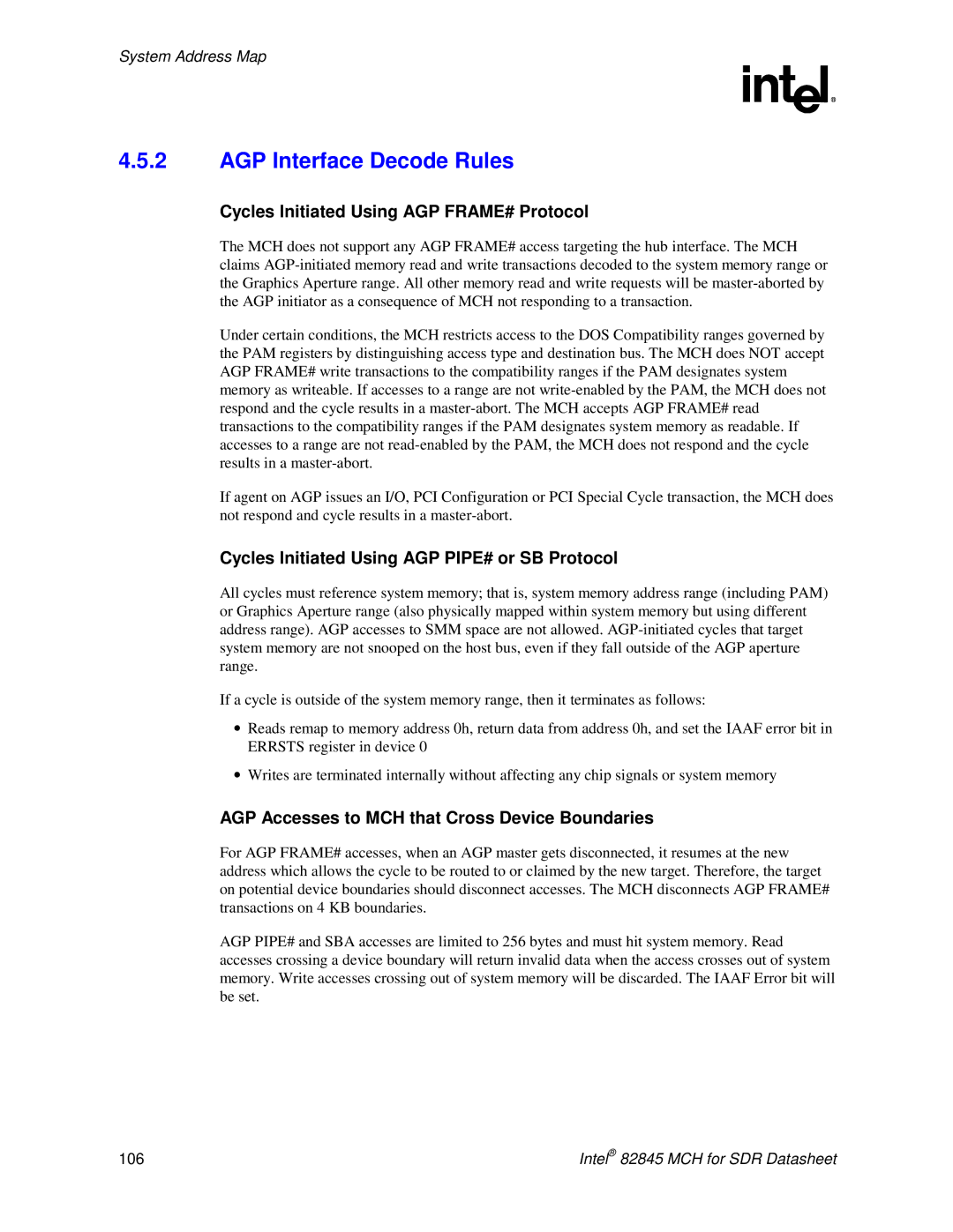 Intel 845 manual AGP Interface Decode Rules, Cycles Initiated Using AGP FRAME# Protocol 