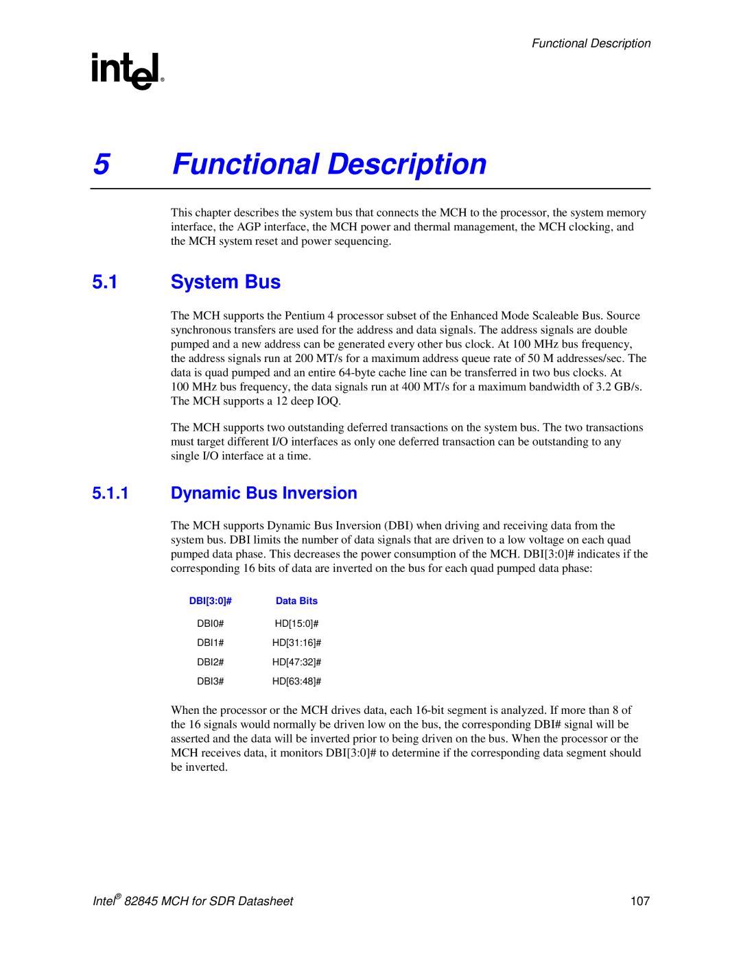 Intel 845 manual System Bus, Dynamic Bus Inversion, DBI30# 