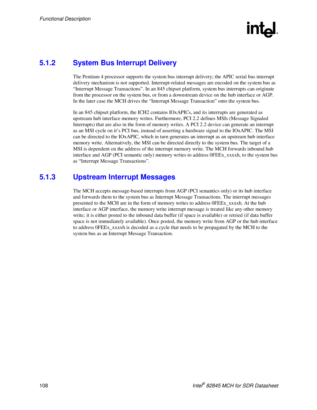 Intel 845 manual System Bus Interrupt Delivery, Upstream Interrupt Messages 