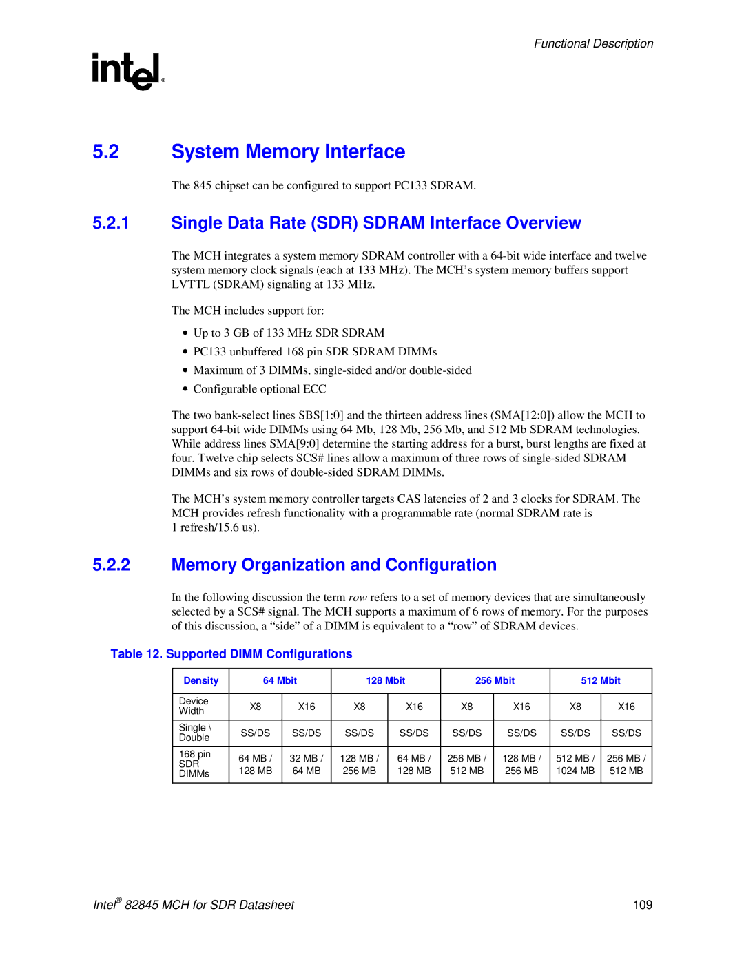 Intel 845 System Memory Interface, Single Data Rate SDR Sdram Interface Overview, Memory Organization and Configuration 