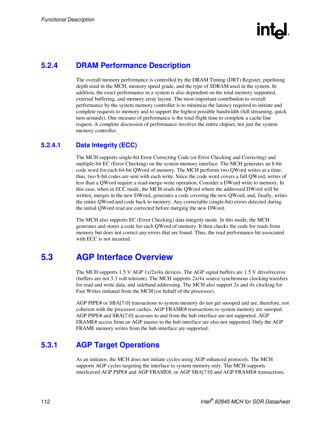 Intel 845 manual AGP Interface Overview, Dram Performance Description, AGP Target Operations 