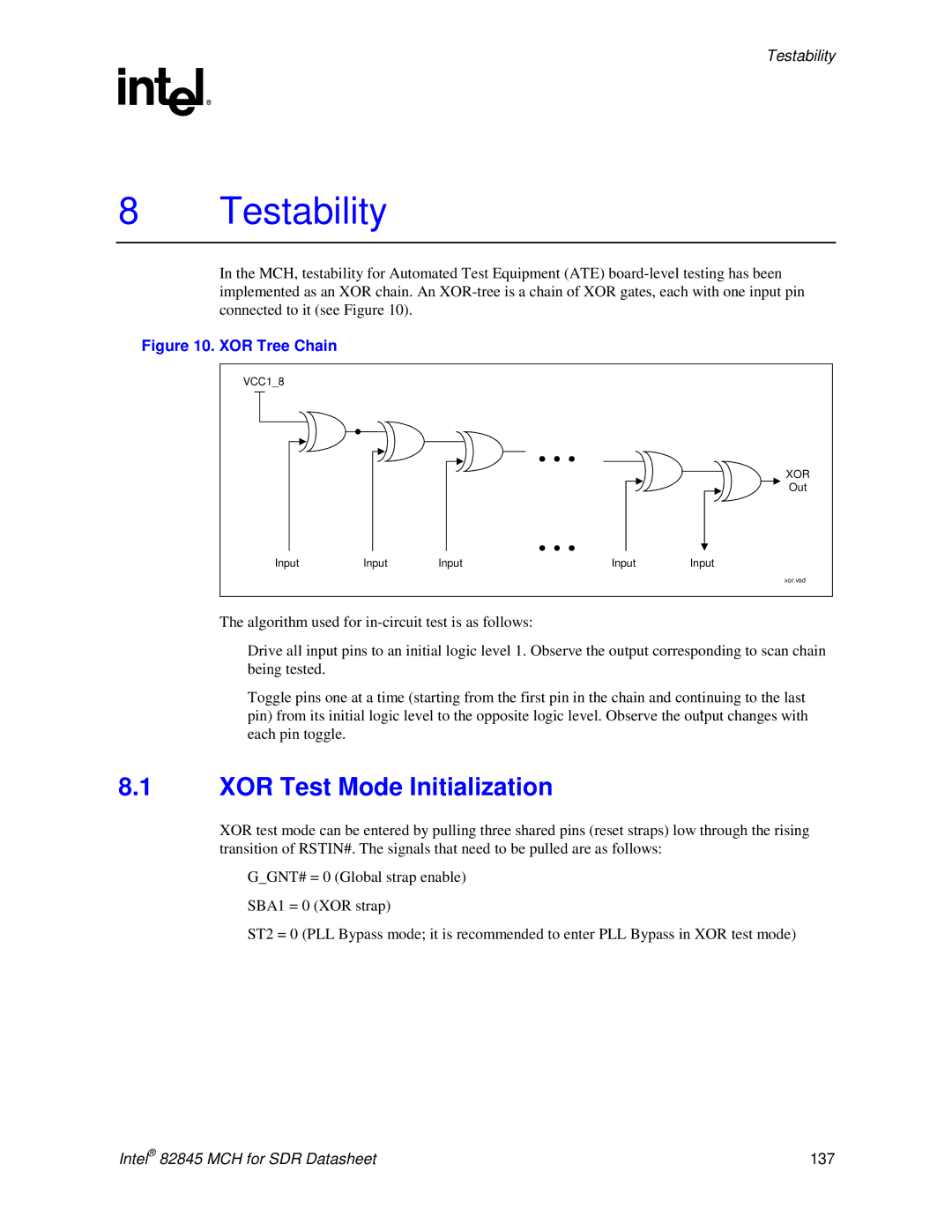 Intel 845 manual XOR Test Mode Initialization, XOR Tree Chain 