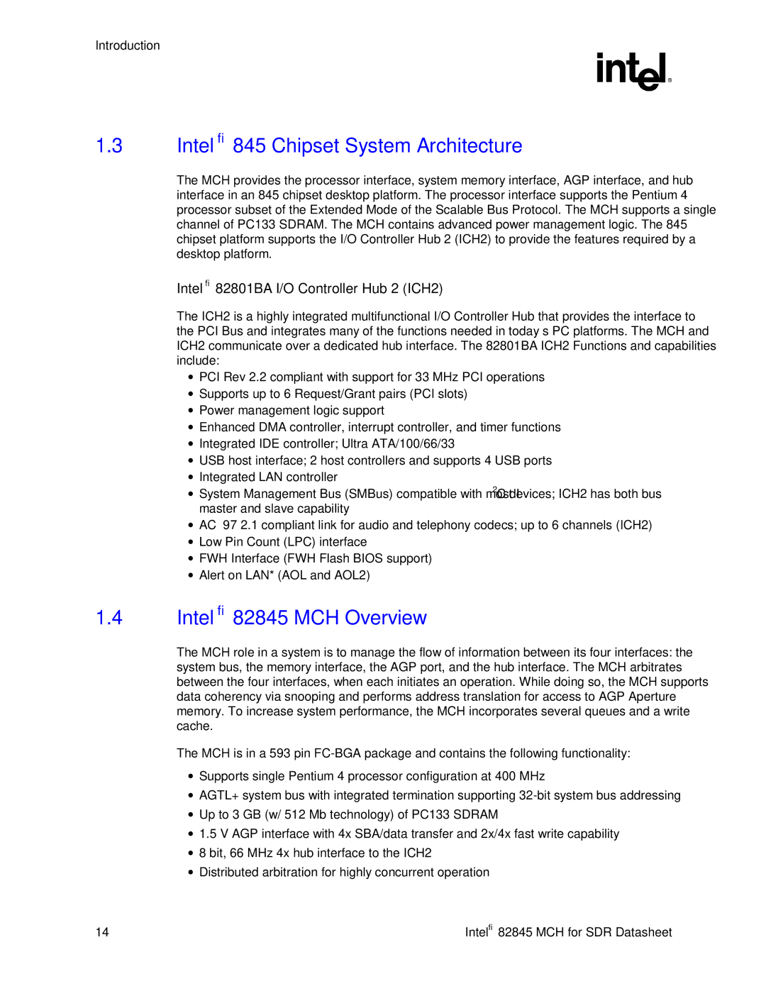 Intel manual Intel 845 Chipset System Architecture, Intel 82845 MCH Overview 