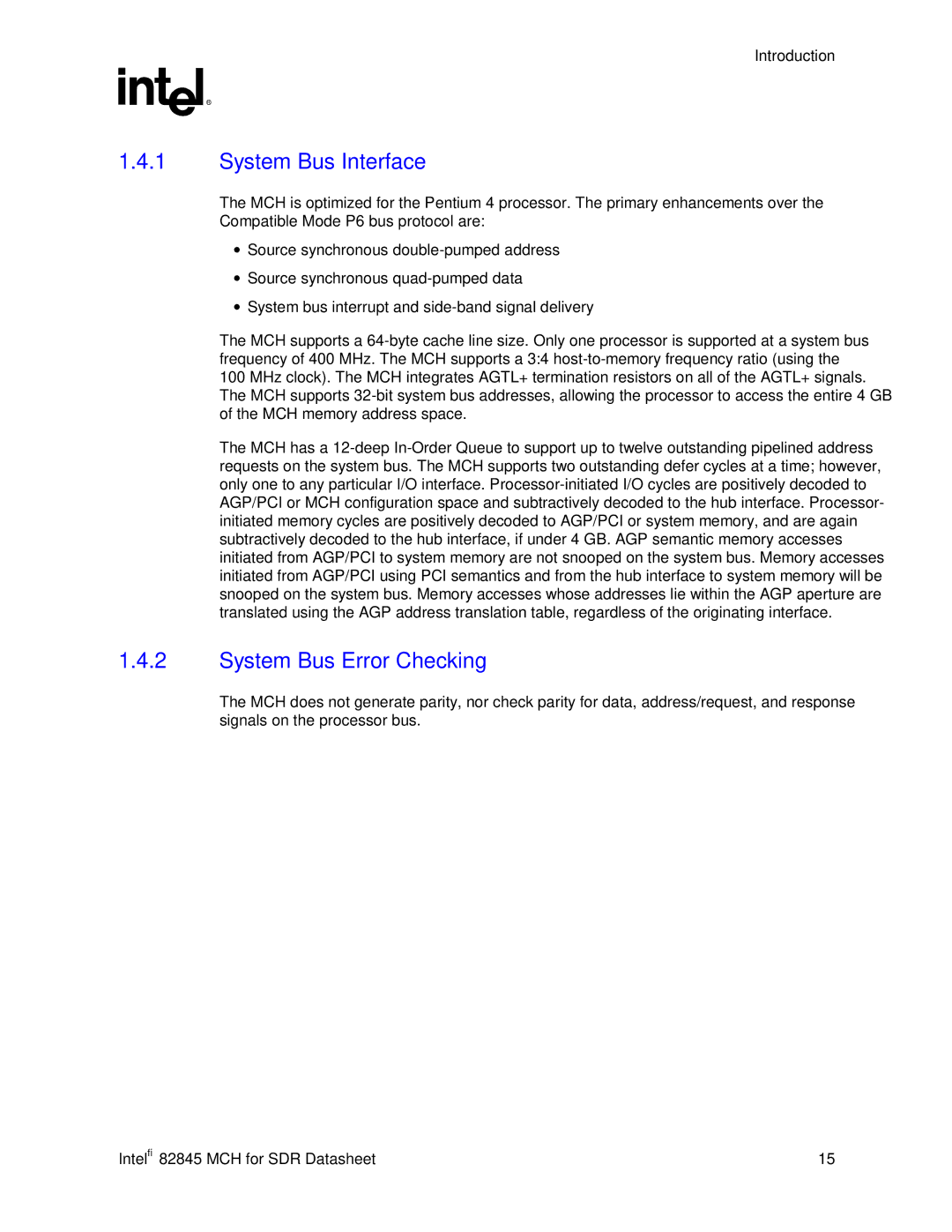 Intel 845 manual System Bus Interface, System Bus Error Checking 