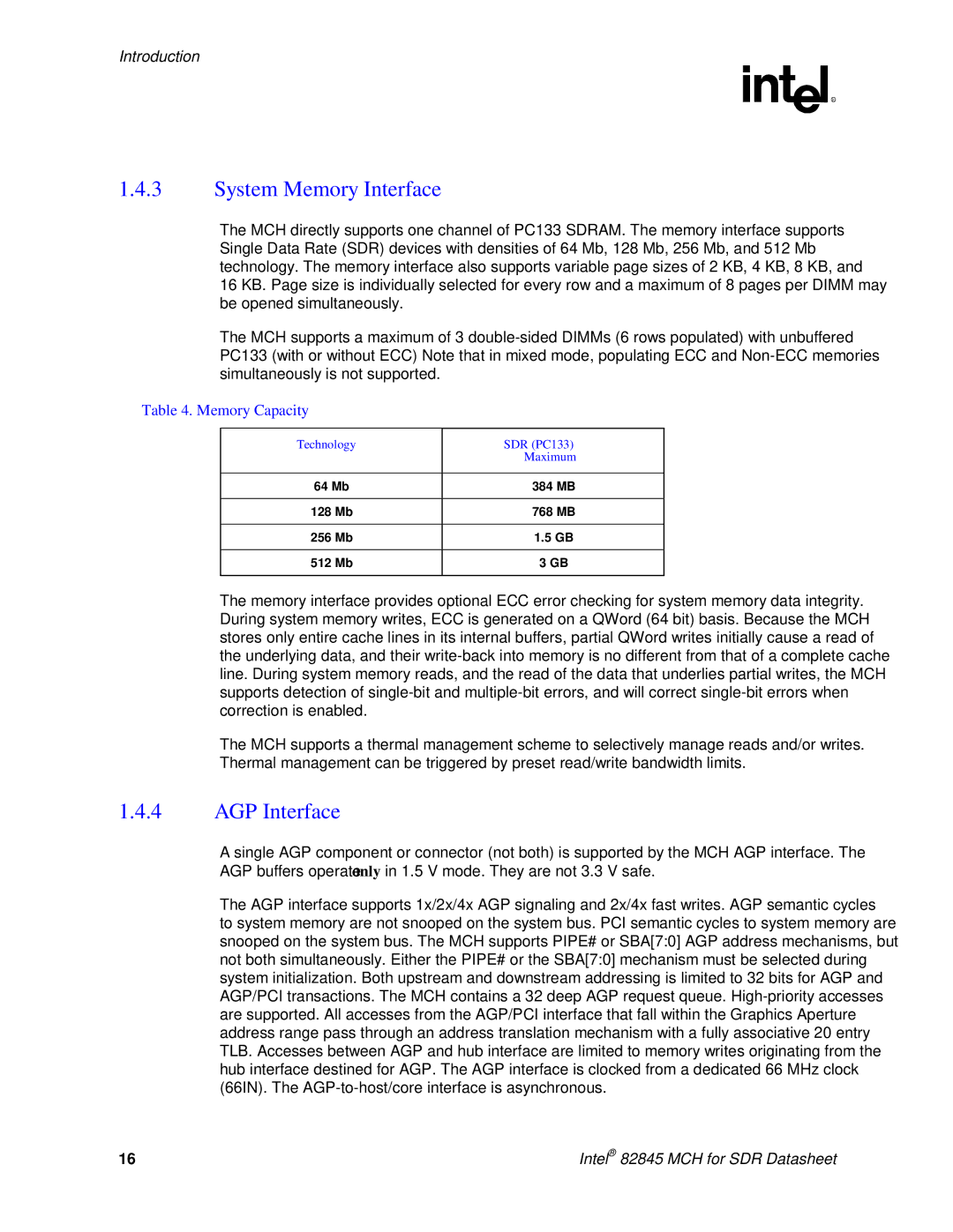 Intel 845 manual System Memory Interface, AGP Interface, Memory Capacity, Technology SDR PC133 