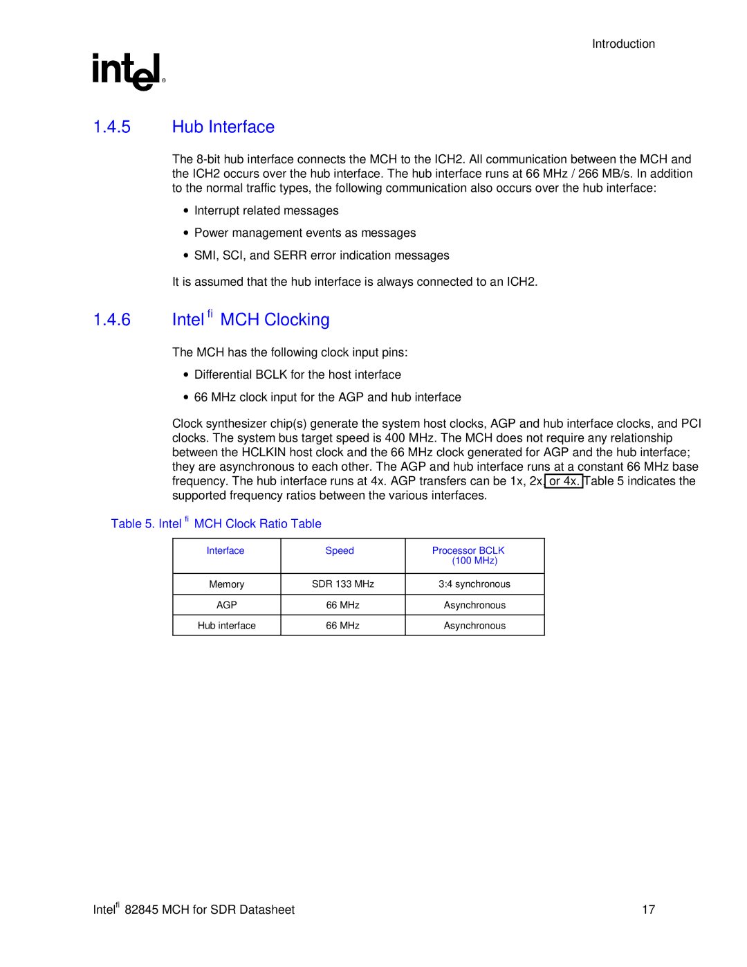 Intel 845 manual Hub Interface, Intel MCH Clocking, Intel MCH Clock Ratio Table, Interface Speed Processor Bclk 