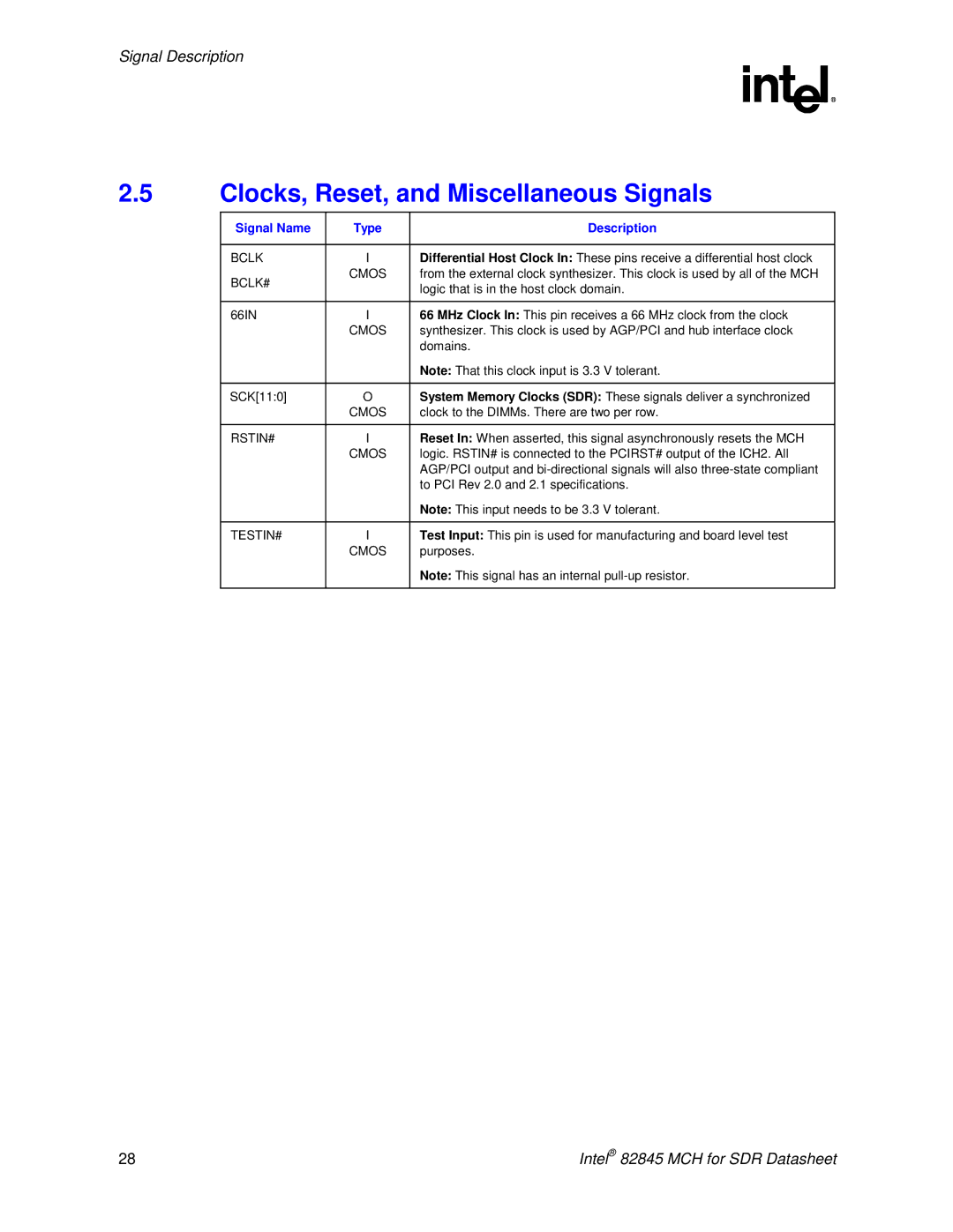 Intel 845 manual Clocks, Reset, and Miscellaneous Signals, Bclk, BCLK# Cmos, Rstin#, Testin# 