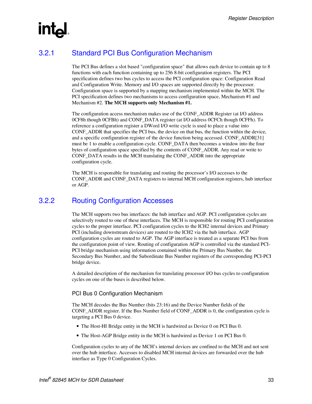 Intel 845 manual Standard PCI Bus Configuration Mechanism, Routing Configuration Accesses 