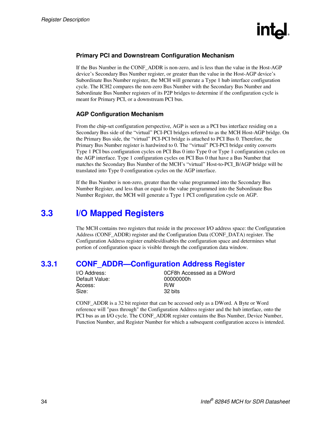 Intel 845 manual I/O Mapped Registers, CONFADDR-Configuration Address Register 