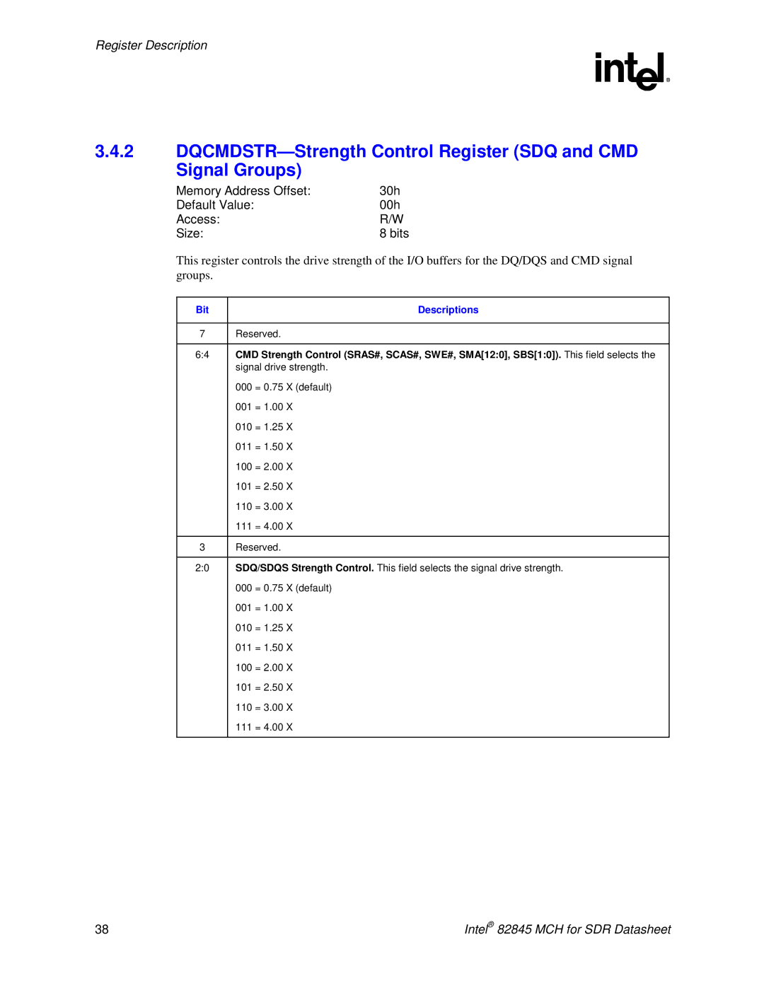 Intel 845 manual DQCMDSTR-Strength Control Register SDQ and CMD Signal Groups 