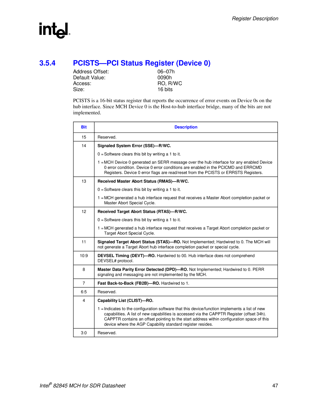 Intel 845 manual PCISTS-PCI Status Register Device, Address Offset 06-07h Default Value 0090h Access, Size Bits 