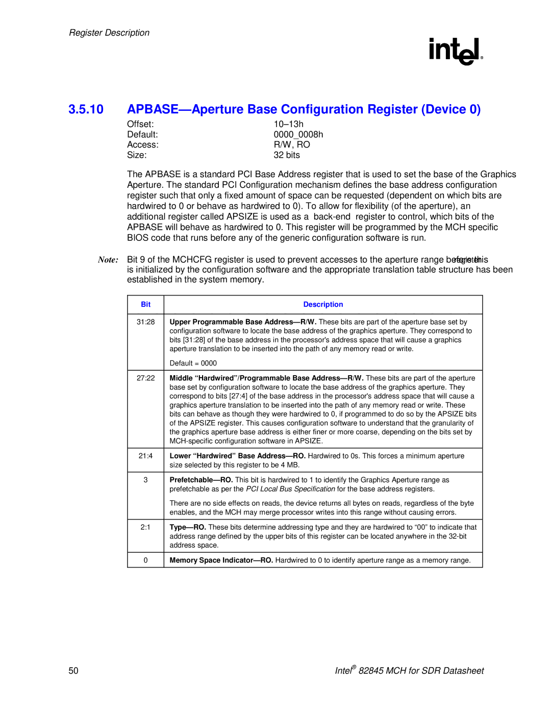 Intel 845 manual APBASE-Aperture Base Configuration Register Device, Offset 10-13h Default 00000008h Access Size Bits 