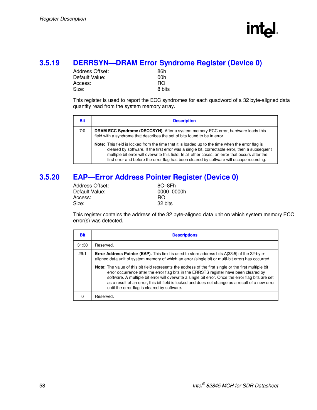 Intel 845 manual DERRSYN-DRAM Error Syndrome Register Device, EAP-Error Address Pointer Register Device 