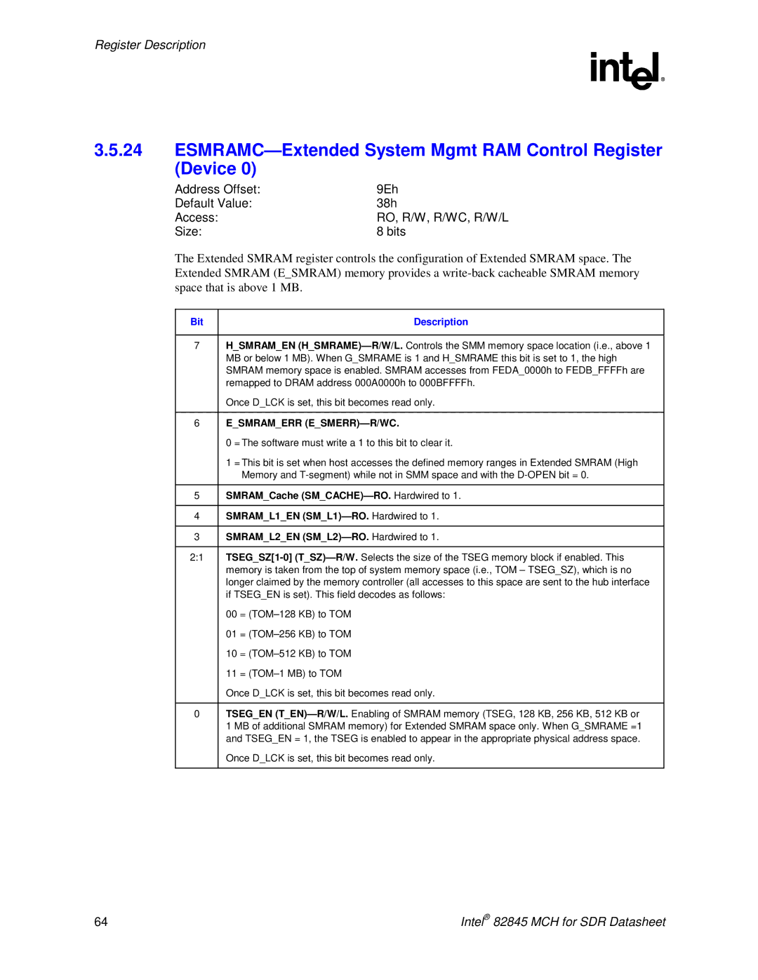 Intel 845 manual ESMRAMC-Extended System Mgmt RAM Control Register Device, SMRAMCache SMCACHE-RO. Hardwired to 