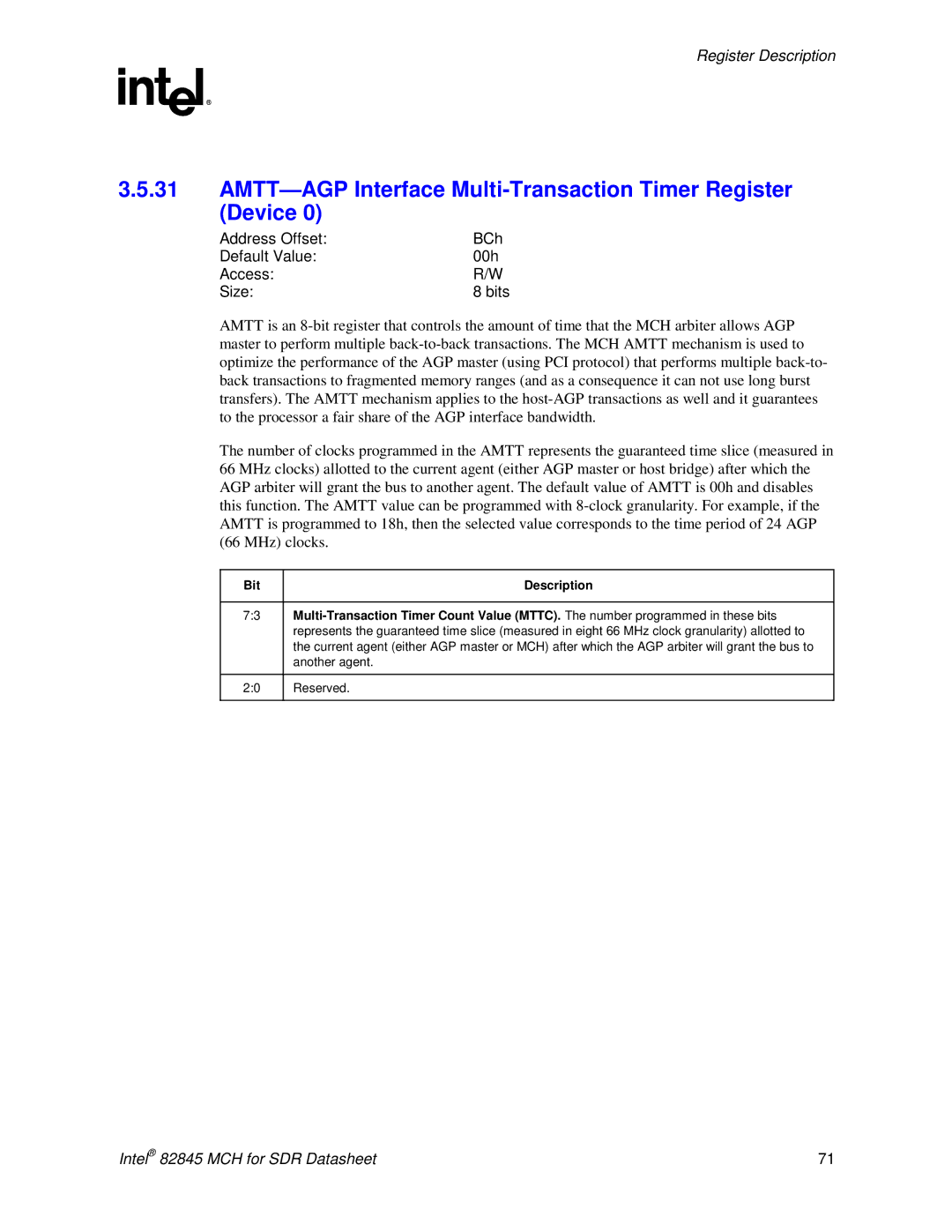 Intel 845 manual AMTT-AGP Interface Multi-Transaction Timer Register Device 