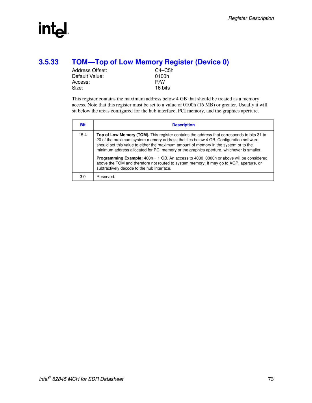 Intel 845 manual TOM-Top of Low Memory Register Device, Address Offset C4-C5h Default Value 0100h Access Size Bits 