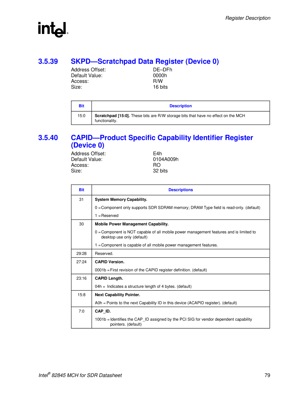 Intel 845 manual SKPD-Scratchpad Data Register Device, Address Offset DE-DFh Default Value 0000h Access Size Bits 