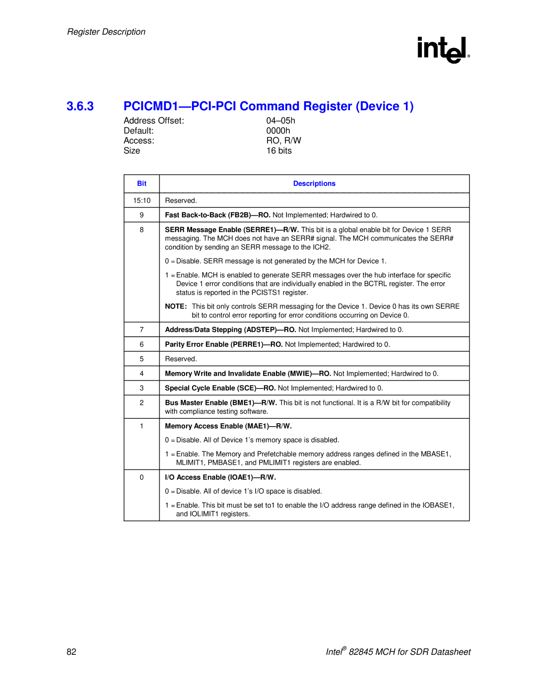 Intel 845 PCICMD1-PCI-PCI Command Register Device, Address Offset 04-05h Default 0000h Access, Access Enable IOAE1-R/W 