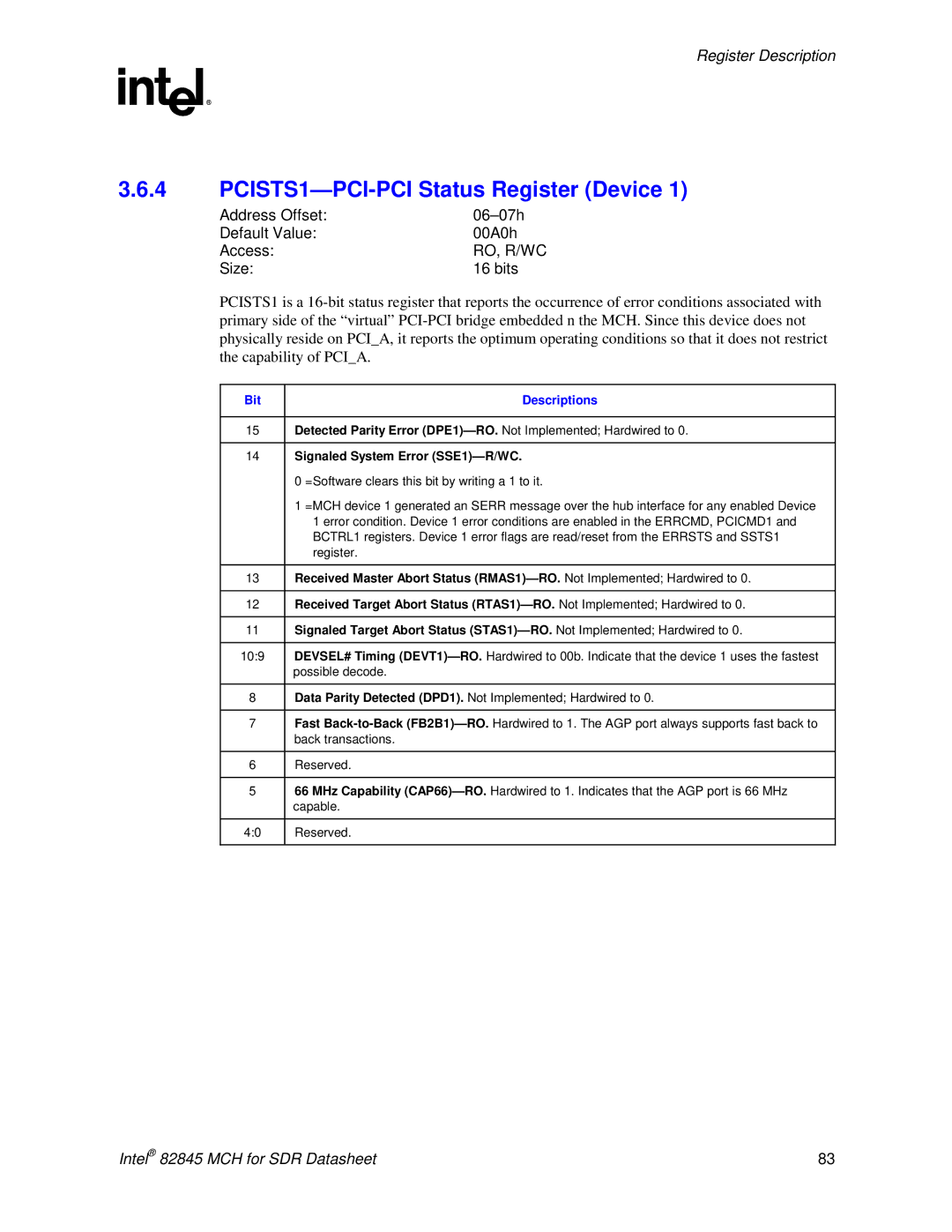 Intel 845 manual PCISTS1-PCI-PCI Status Register Device, Address Offset 06-07h Default Value 00A0h Access 