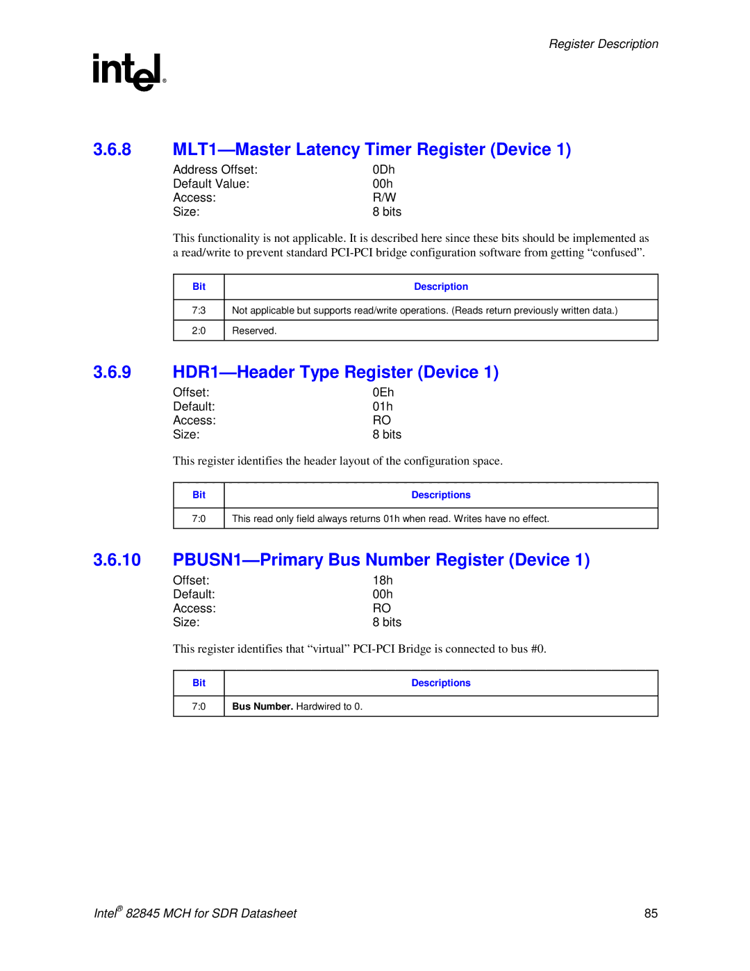 Intel 845 manual 8 MLT1-Master Latency Timer Register Device, 9 HDR1-Header Type Register Device 