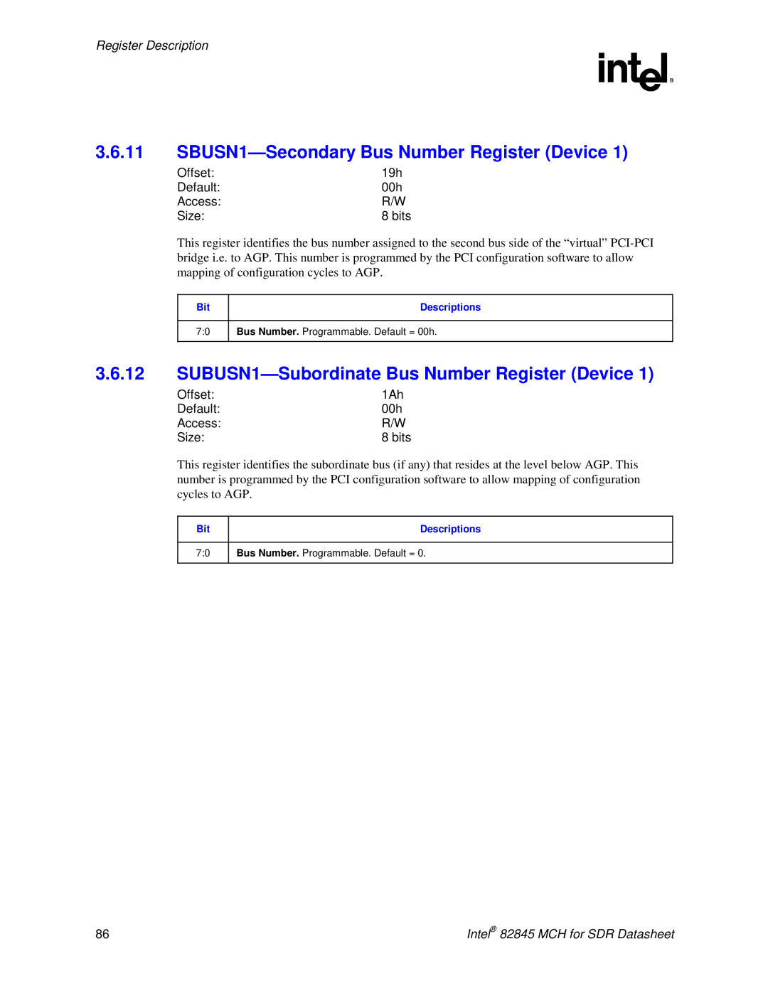 Intel 845 manual SBUSN1-Secondary Bus Number Register Device, SUBUSN1-Subordinate Bus Number Register Device 