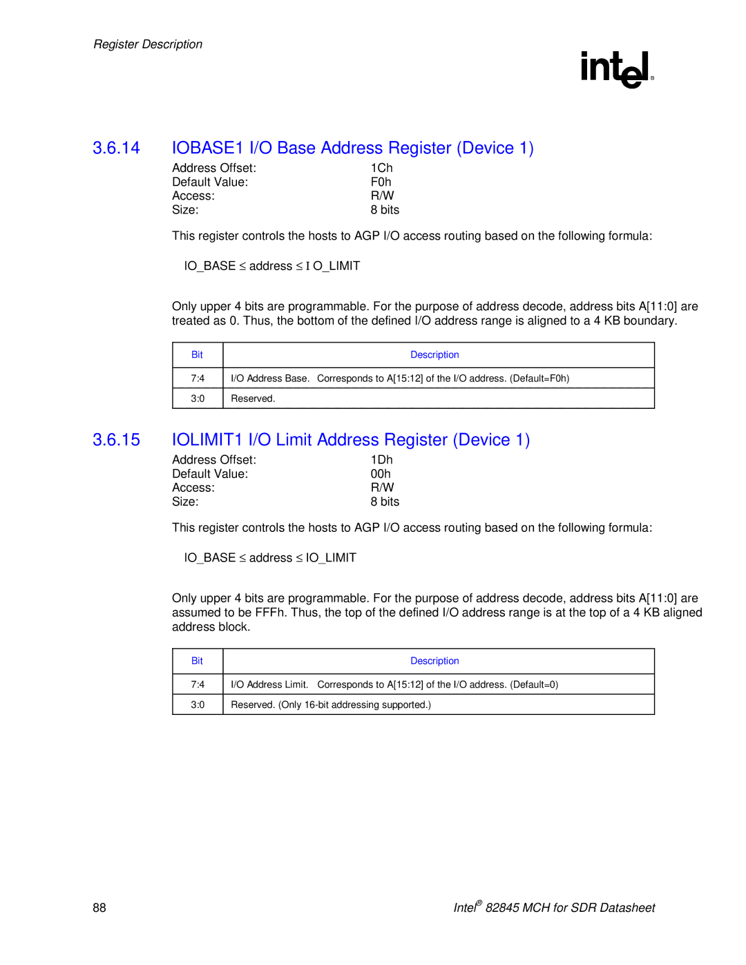 Intel 845 manual IOBASE1-I/O Base Address Register Device, IOLIMIT1-I/O Limit Address Register Device 