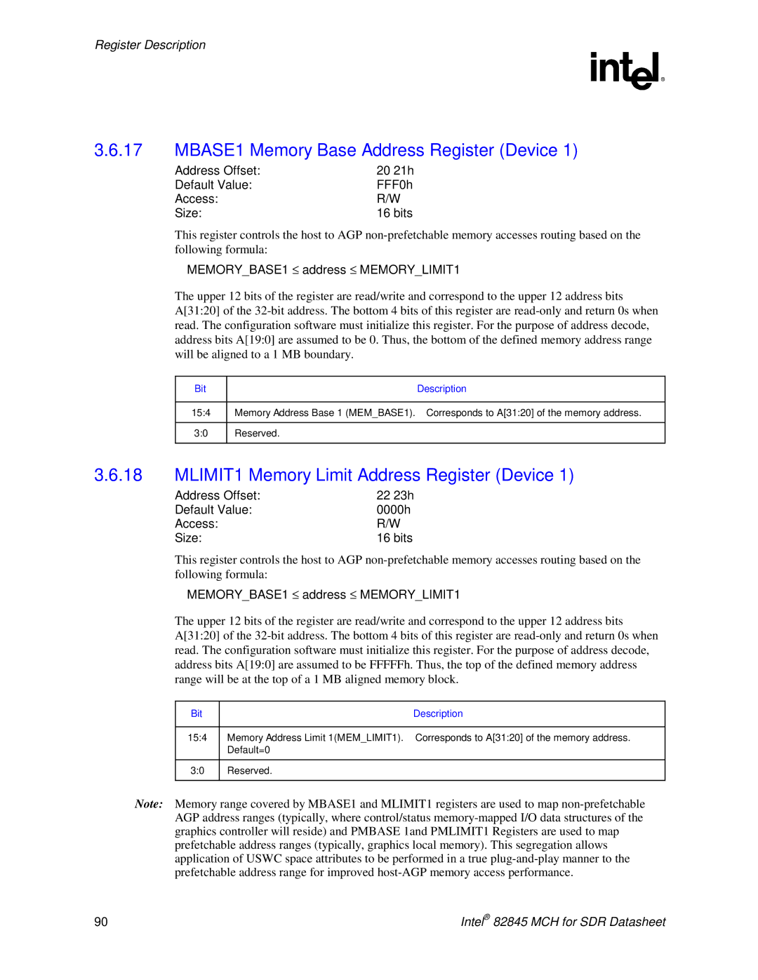 Intel 845 manual MBASE1-Memory Base Address Register Device, MLIMIT1-Memory Limit Address Register Device 