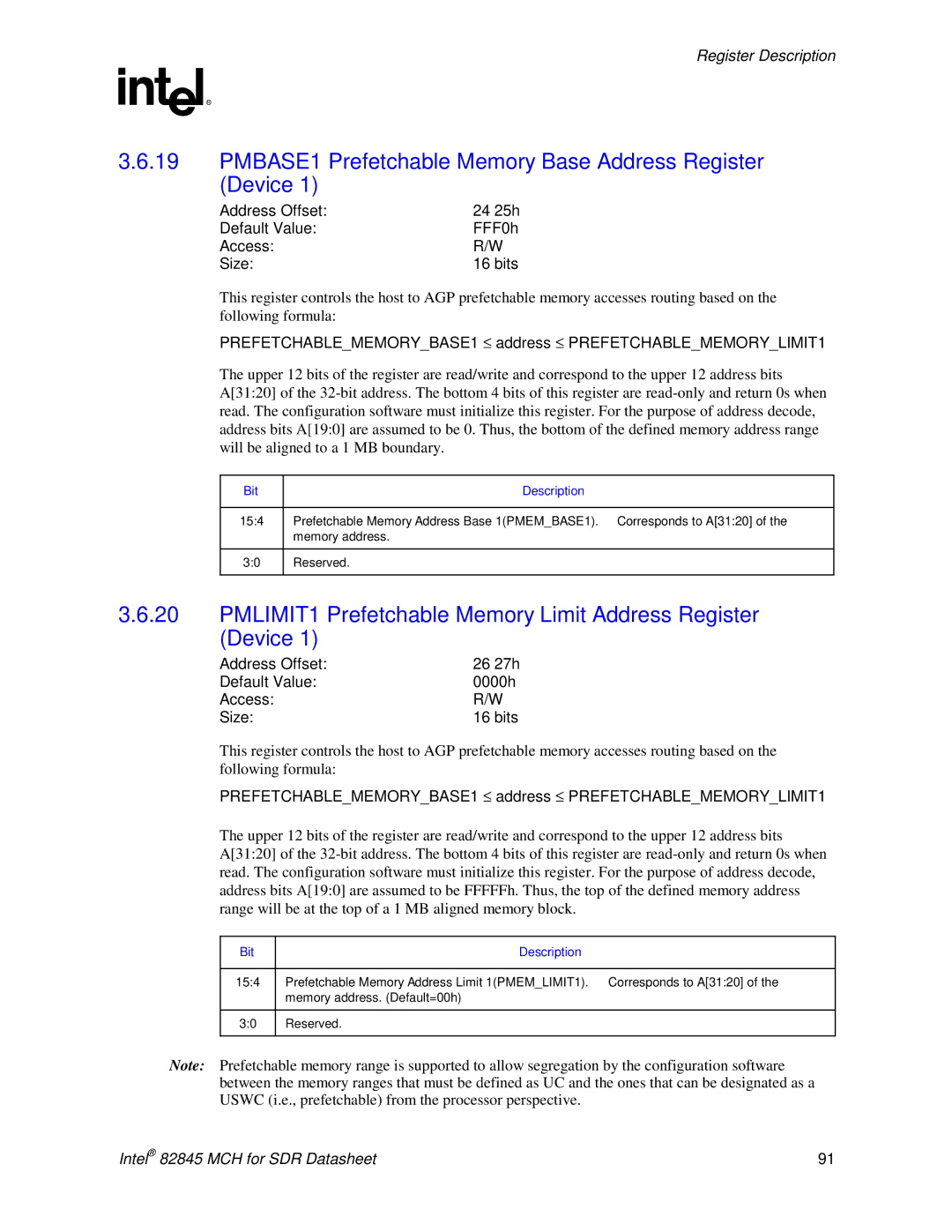 Intel 845 manual PMBASE1-Prefetchable Memory Base Address Register Device 