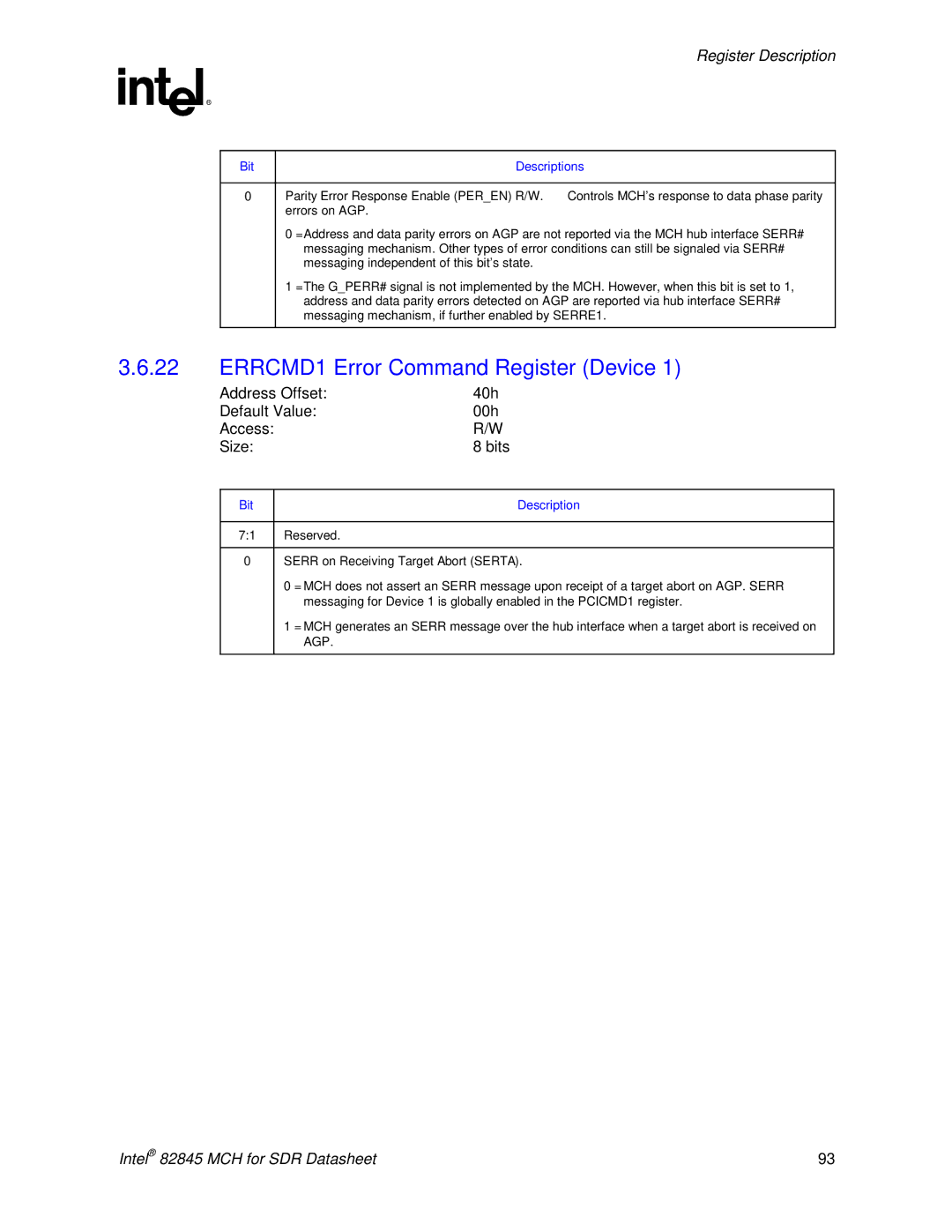 Intel 845 manual ERRCMD1-Error Command Register Device, Address Offset 40h Default Value 00h Access Size Bits 