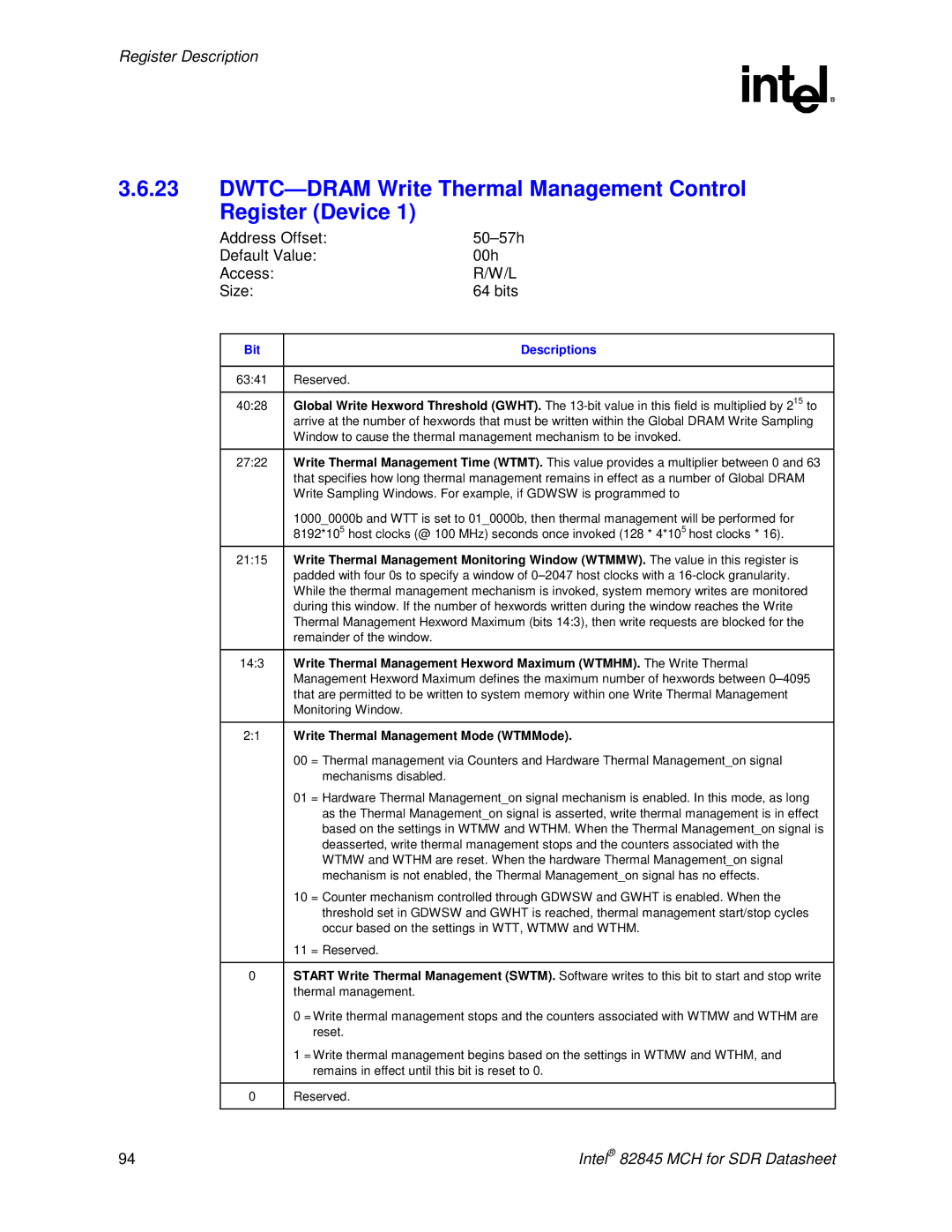 Intel 845 manual DWTC-DRAM Write Thermal Management Control Register Device, Write Thermal Management Mode WTMMode 