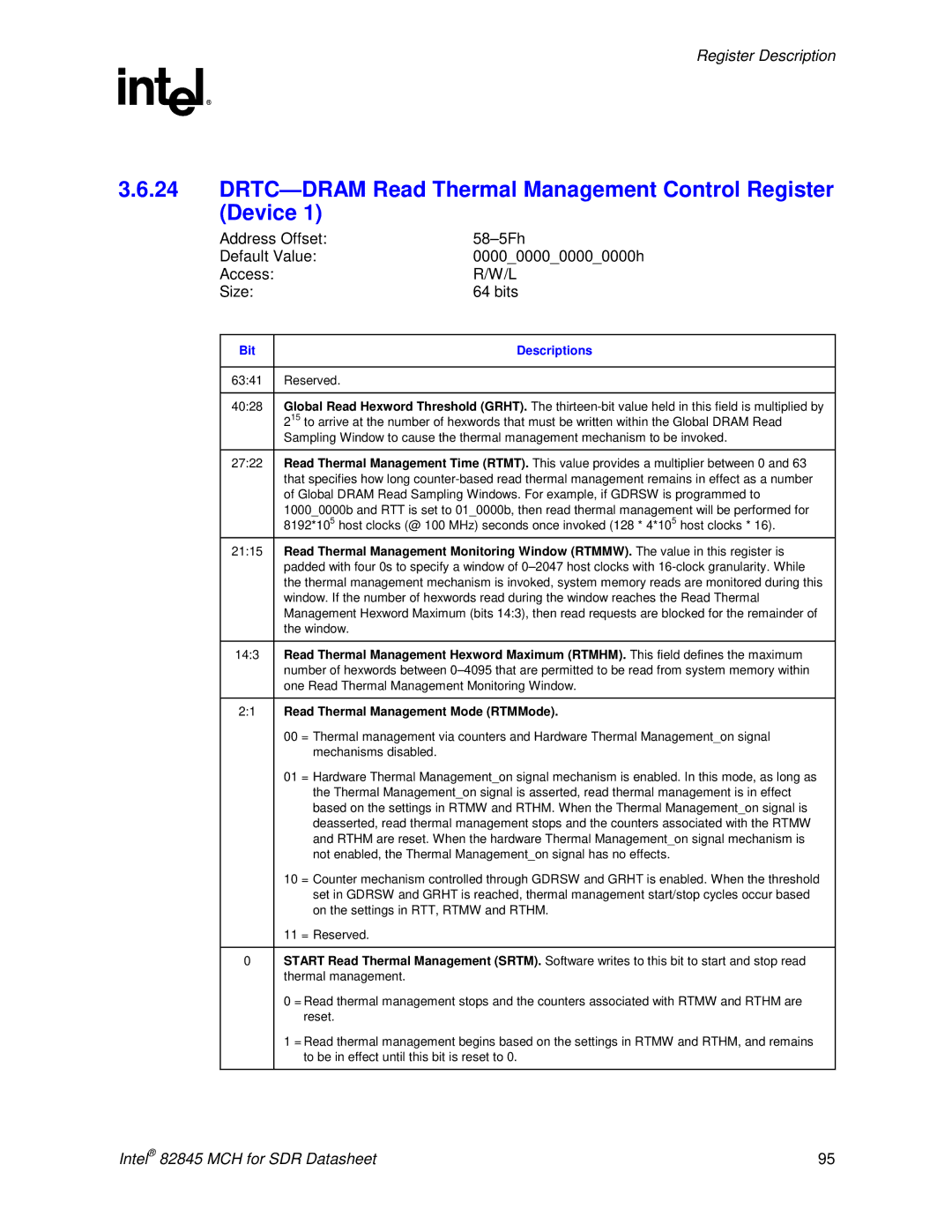 Intel 845 manual DRTC-DRAM Read Thermal Management Control Register Device, Read Thermal Management Mode RTMMode 