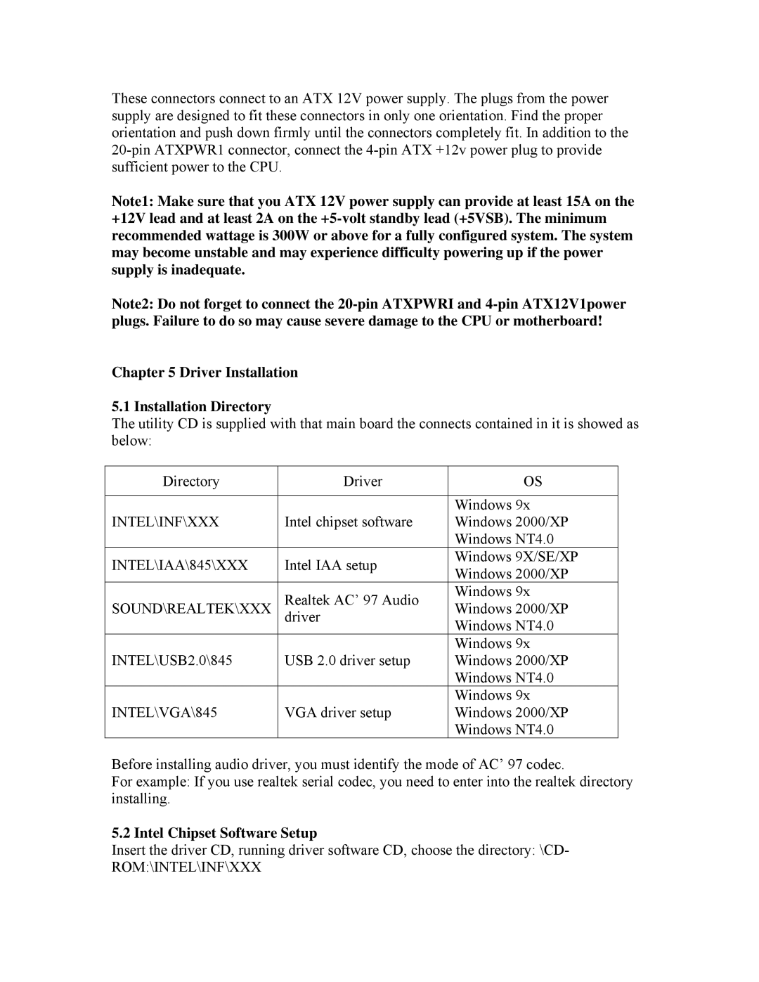 Intel 845GV, 845GL user manual Driver Installation Installation Directory, Intel Chipset Software Setup 