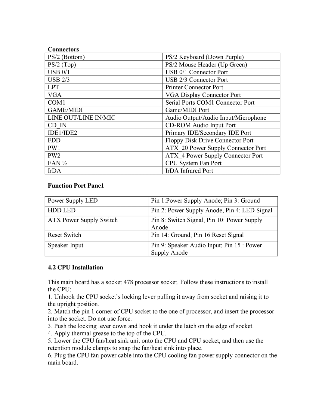 Intel 845GV, 845GL user manual Connectors, Function Port Pane1, CPU Installation 