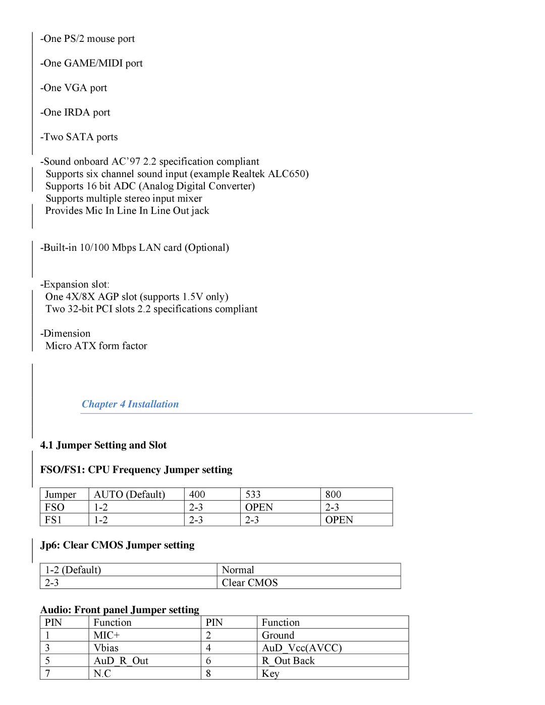 Intel 865 user manual Installation, Jp6 Clear Cmos Jumper setting, Audio Front panel Jumper setting 