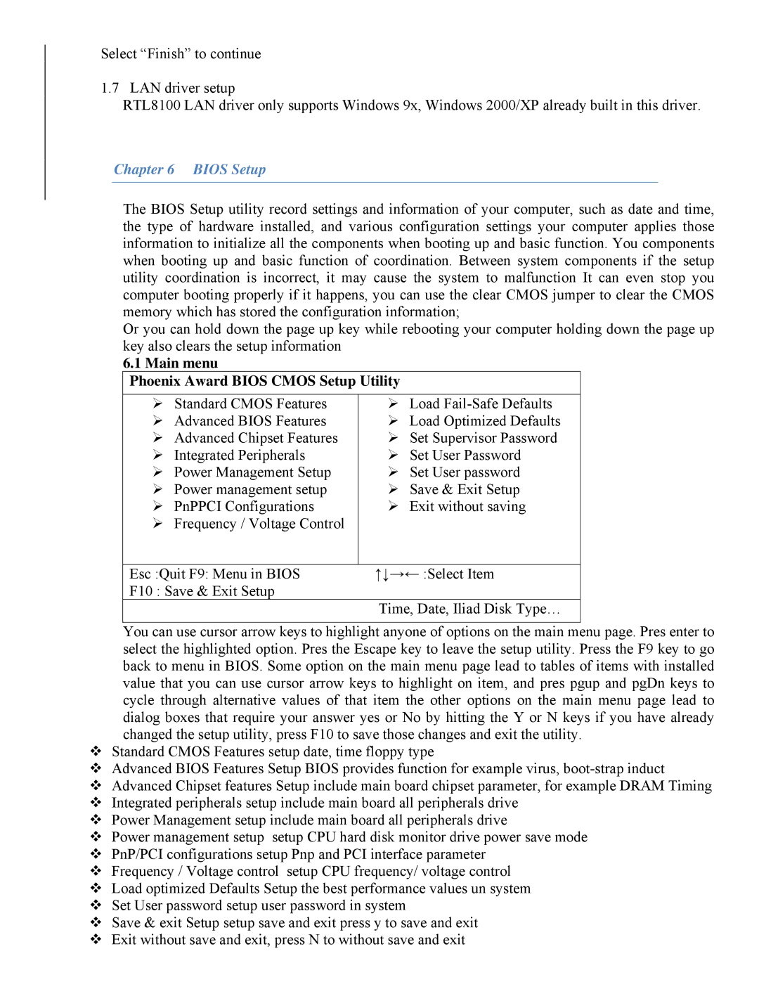 Intel 865 user manual Bios Setup, Main menu Phoenix Award Bios Cmos Setup Utility 